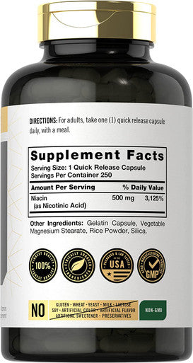 Carlyle Niacin 500mg | 250 Capsules | Non-GMO, Gluten Free