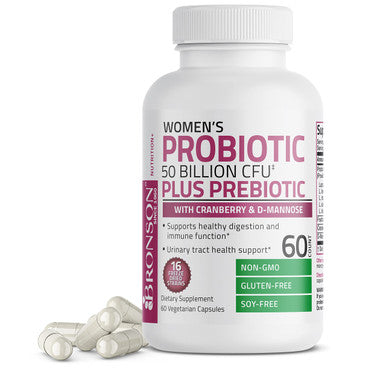 Bronson Women's Probiotic 50 Billion CFU + Prebiotic with Cranberry & D-Mannose Vaginal Health, Healthy Digestion, Immune Function and Urinary Tract Support, Non-GMO, 60 Vegetarian Capsules