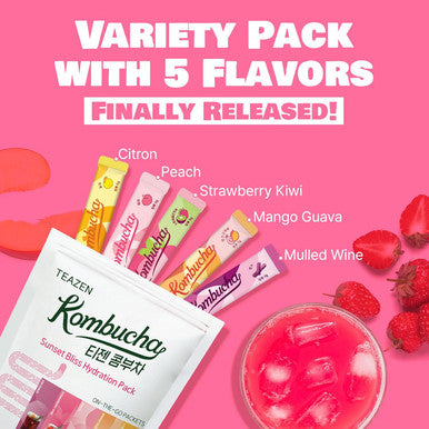 Teazen Kombucha Tea Sunset Bliss Hydration Variety Pack - 20 Sticks 5 Flavors (Peach Mango-Guava Strawberry-Kiwi Citron Mulled Wine)