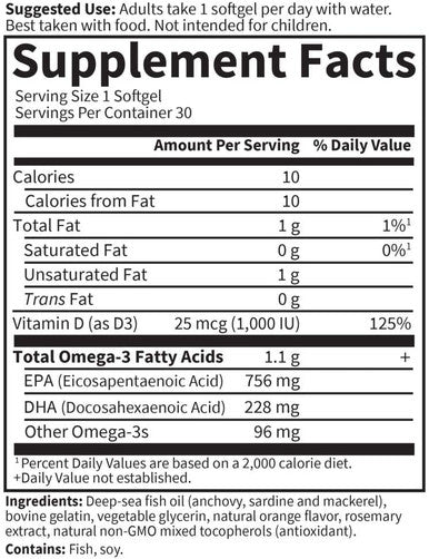 Garden of Life Minami Nutrition Platinum Ultimate Once Daily Omega 3 +D3 Formula (30 Softgels, Orange Flavour (1, 100mg Omega 3)), 1 Units