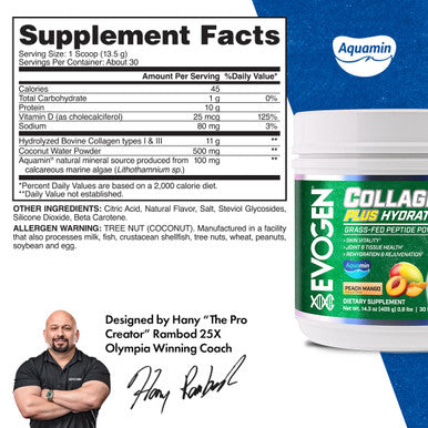 Evogen Collagen Plus Hydration - Grass-Fed Collagen for Women & Men | Collagen Peptides Powder | Collagen Powder Supporting Skin Vitality Hydration Joint & Tissue Health | Peach Mango | 30 Servings