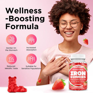 Iron Gummies For Women & Men - Iron Supplement With Vitamin B6, B12, C, Zinc, Folate For Adults & Kids - Support Iron Deficiency, Anemia, Energy Boost, Blood Builder - Sugar Vegan 60Ct Strawberry