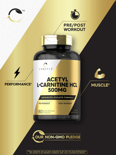 Carlyle Acetyl L-Carnitine Hcl | 500Mg | 180 Count | Non- Gmo And Gluten Free Supplement