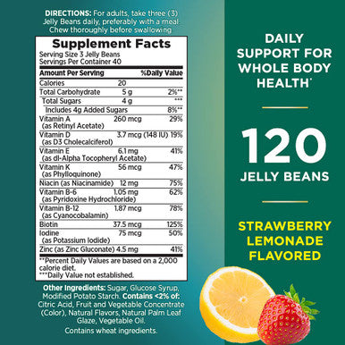 Nature's Bounty Multi Jelly Beans Gummy With Zinc Biotin Vitamins A D E K Daily Support For Whole Body Health Strawberry-Lemonade Flavor 120 Count