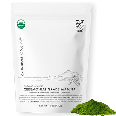 FKRO Organic Okumidori Ceremonial Grade Matcha Green Tea Powder | Award-Winning Family Farm Direct from Japan Single Cultivar 1st Harvest Stone-Ground Air-Flown Monthly 30g Pouch