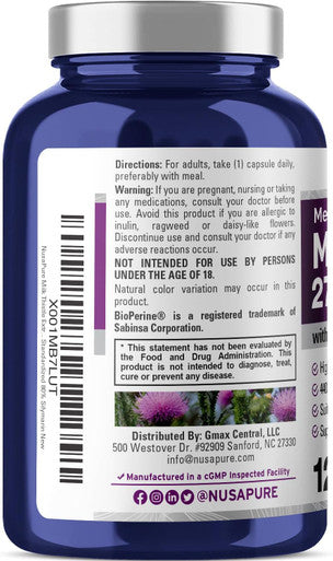 Nusapure Milk Thistle Extract 27,500Mg 120 Veggie Capsules (50:1 Extract, Non-Gmo, Vegan) Max Strength - Standardized 80% Silymarin, Bioperine