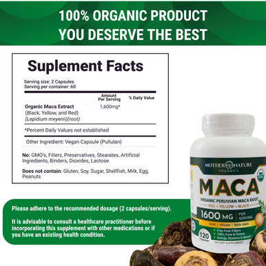 Mother Nature Organic Maca Root Capsules 1600Mg 120 Vegan Capsules Non Gmo Peruvian Yellow Red & Black Maca For Men & Women - Energy Hormone Brain & Weight Well-Being