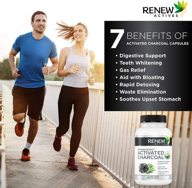 Renew Actives Activated Charcoal Supplement - Digestive Support & Teeth Whitening Formula, No Artificial Ingredients - 60 Capsules