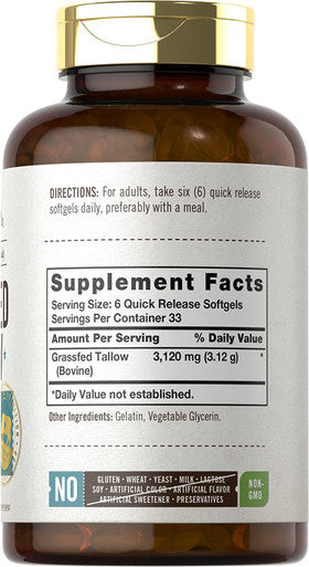 Grass Fed Beef Tallow 3120mg | 200 Softgel Capsules | Pasture Raised Bovine Supplement | Non-GMO, Gluten Free | by Herbage Farmstead