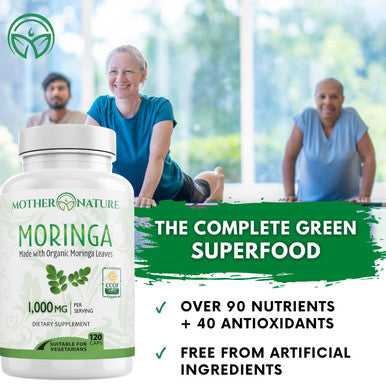 Mother Nature Organics Superfoods for Organic Living Moringa Capsules 1000Mg, From Organic Certified Moringa Leaves Powder - Greens Superfood Supplement - Energy, Focus, Lactation Support, Vitamin C For Immune Support - Vegan, Non-Gmo (120 Count)