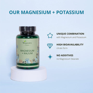 Magnesium + Potassium Vegavero | High Strength Citrate Forms | 180 Vegan Capsules | Electrolytes for Hydration & Recovery