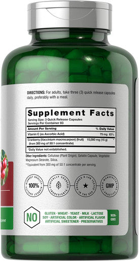 Cranberry + Vitamin C | 15,000mg | 250 Capsules | Non-GMO and Gluten Free Cranberry Pills Supplement | Concentrated Extract Formula | by Horbaach