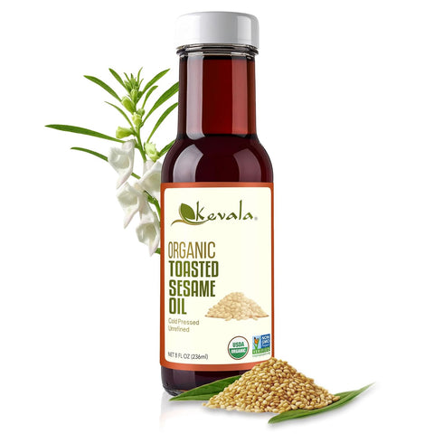 Kevala Organic Toasted Sesame Oil Cold Pressed and Unrefined Oil for Daily Cooking and Baking Made with Top Selection Roasted Sesame Seeds Great for StirFry Vegetables 8 oz Glass Bottle