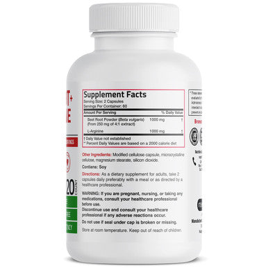 Bronson Beet Root + L-Arginine 2000 MG Nitric Oxide Production- Non-GMO, 120 Vegetarian Capsules (60 Servings)