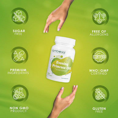 Ambrosial Ambrosial Evening Primrose Oil 1000mg (EPO) | Cold Pressed Evening Primrose Oil Capsules | Rich Source of Omega 6 Fatty Acids & GLA | High Strength Evening Primrose Capsules (Pack of 1-60 Softgels)