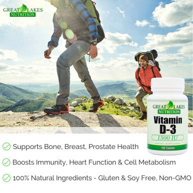 Great Lakes Nutrition Vitamin D3 Vegan Vitamin D Supplement for Men & Women 1500IU 100 Tablets