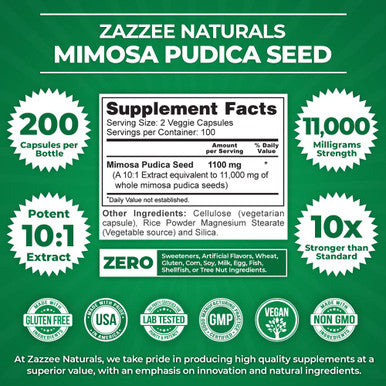 Zazzee Mimosa Pudica Seed 10:1 Extract, 200 Vegan Capsules, 1100 Mg, 3+ Month Supply, Potent 10:1 Extract, Non-Gmo And All-Natura