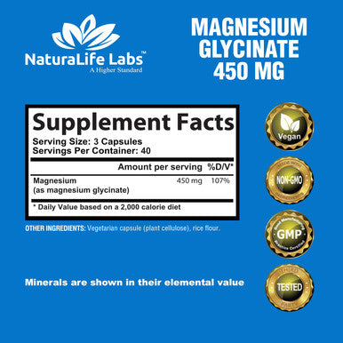 NaturaLife Labs Magnesium Glycinate 450 MG 120 Veggie Capsules
