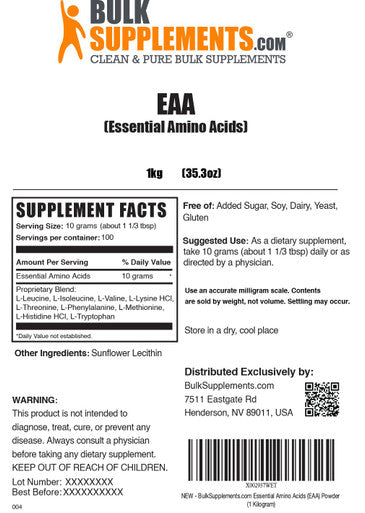 Bulksupplements.Com Essential Amino Acids Powder Eaa Powder Essential Amino Acids Supplement Eaas Amino Acids Powder Unflavored and Gluten Free 10G Per Serving 1Kg (2.2 Lbs)
