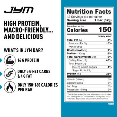 JYM Supplement Science Protein Bar Chocolate Chip Cookie Dough Macro Friendly Guilt Free Snack For Men & Women