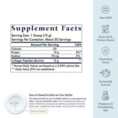 FullWell Unflavored Collagen Peptides Powder - Grass-Fed Bovine Collagen for Skin Health - Tissue Elasticity Support - Pregnancy & Breastfeeding-Safe - Reproductive Health Aid - 15.87 oz (30 Servings)