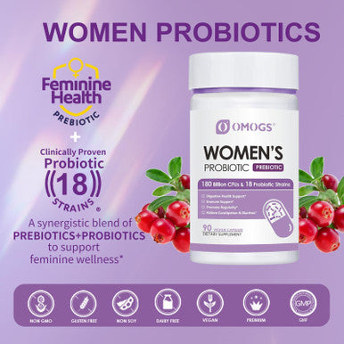 OMOGS Women's Probiotic 180 Billion CFUs 18 Strains, with Organic Prebiotics Cranberry Extract D Mannose and Digestive Enzymes for Digestive Boost Immune PH Balance and Urethral Health 90 Capsules