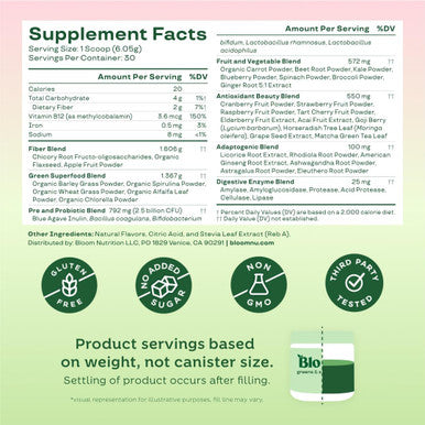 Bloom Nutrition Greens and Superfoods Powder for Digestive Healt hGreens Powder Digestive Enzymes Probiotics Spirulina Chlorella for Bloating & Gut Support Green Juice 30 SVG Strawberry Kiwi