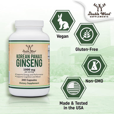 Panax Ginseng Korean Red Variety 4 Month Supply 240 Vegan Capsules 1000mg per Serving for Mood Cognitive Function and Energy Support by Double Wood Supplements