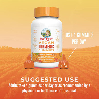 Maryruth Organics Turmeric Gummies | Organic Turmeric Curcumin Extract | Chewable Turmeric Supplement | Vegan | Non-GMO | Gluten | Peach | Mango & Lemon Flavor | 250 mg per Serving | 120 Count