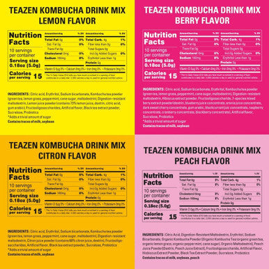 Teazen 5 Flavor 50 stick Variety Pack Kombucha Lemon Berry Citrus Peach flavor (7.05oz 40 Sticks) & Pink Grapefruit Hibiscus and Green Tea Powdered Drink Mix (1.76oz 10 Sticks)