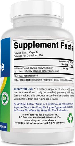 Best Naturals Artichoke Extract 10000 mg Equivalent - 3rd Party Lab Tested - 180 Capsules