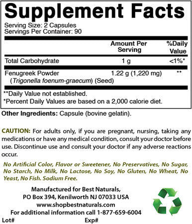 Best Naturals Fenugreek Seed 610 mg 180 Capsules