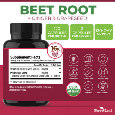 ForestLeaf Organic Beet Root Capsules - with Ginger & Grape Seed 16000mg Strength 20:1 Extract, Supports Nitric Oxide Production, Beets Supplements with Organic Non-GMO Beetroot Powder 120 Veggie Caps
