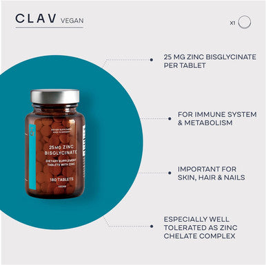 Clav Zinc Bisglycinate 25Mg - 180 Tablets (6 Months Supply) - Natural Chelated Zinc Supplement - Vegan Zinc Glycinate For Immune & Skin Support