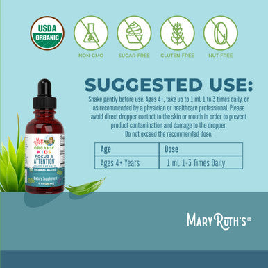 Maryruth'S Kids Focus & Attention Drops Usda Organic Drops Ginkgo Biloba Rhodiola Root & Licorice Root Adaptogenic Calm Vegan Non-Gmo Gluten Free 30 Servings