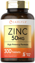 Zinc 50Mg | 300 Tablets | Vegetarian, Non-Gmo, And Gluten Free Supplement | Zinc Gluconate | High Potency Formula | By Carlyle