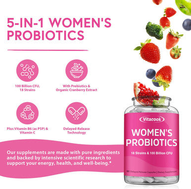 Vitacook Women S Probiotics, 100 Billion Cfu, 18 Strains, Prebiotics, Cranberry, Vb6 & Vc, Mood, Vaginal & Urinary Tract Health, Shelf Stable, 60 Delayed Release Caps