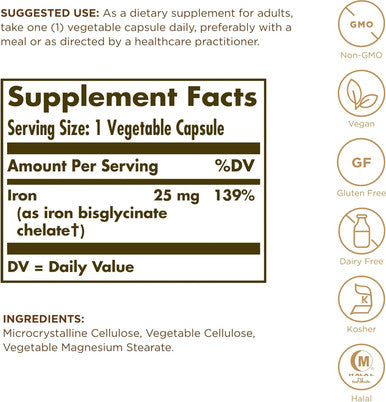 Solgar Gentle Iron (Iron Bisglycinate) 25 Mg - 180 Vegetable Capsules - Non-Constipating, Gentle On Your Stomach - Non-Gmo, Gluten - 180 Servings