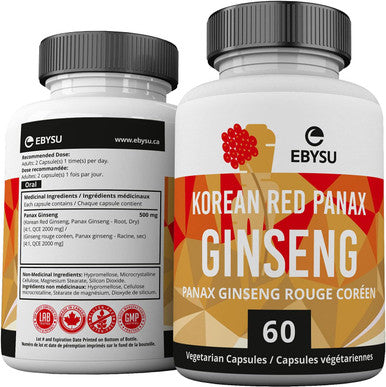 EBYSU Korean Red Ginseng Supplement Used in Herbal Medicine to Support Cognitive Function, Increase Resistance to Stress & Increase Energy 60 Vegetarian Capsules (500 mg)