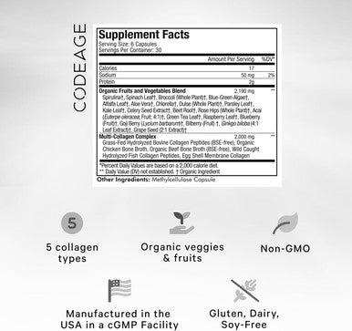 Codeage Multi Collagen Protein + Organic Raw Greens Superfood Capsules Supplement 21 Fruits & Veggies Grass-Fed Hydrolyzed Collagen Peptides 5 Types All-in-One 180 Count