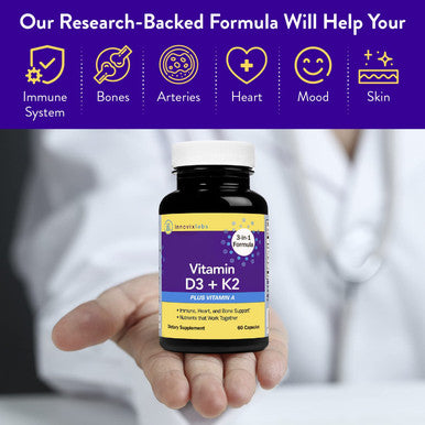 InnovixLabs ADK Vitamin Supplement Vitamin D3 K2 5000 IU Low Dose Vitamin A for Absorption Contains Both Vitamin K2 MK7 MK4 Supports Immune System Heart Bones 60 Capsules