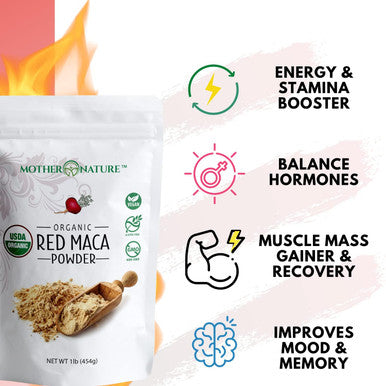 Mother Nature Organics Superfoods for Organic Living Usda Organic Red Maca Root Powder Raw Vegan Hormone Regulation Great Pre Workout Muscle Mass Gain Non Gmo (1Lb)