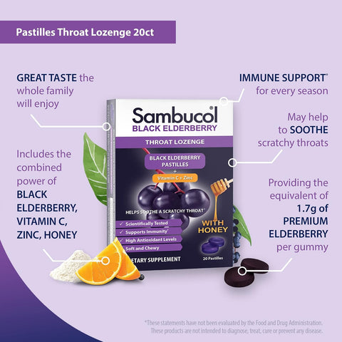 Sambucol Black Elderberry Throat Lozenge - With Honey Vitamin C & Zinc Elderberry Lozenges Sore Throat & Cough Soothes Scratchy Throat Supports Immunity Soft & Chewy - 3-Pack (60 Total Pastilles)