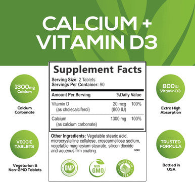 Calcium Carbonate with Vitamin D, Supports Immune Health & Bone Health, 1300mg Calcium & 800 IU Vitamin D3, Fast Absorption, Gluten Free, Supplement for Women & Men by Natures Nutrition - 180 Tablets