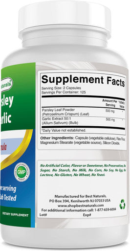 Best Naturals Parsley and Garlic 1000 mg per Serving 250 Vegetarian Capsules. Gluten and Non-GMO.