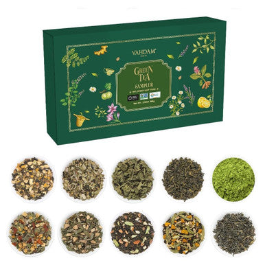 Vahdam Assorted Green Tea Loose Leaf Tea Sampler (10 Flavours 50+ Servings) Exotic Green Tea Blends from Himalayas with 100% Natural Ingredients | Loose Tea Set