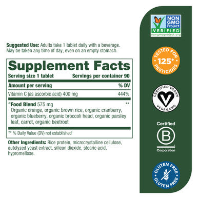 MegaFood Ultra C 400 Mg - Vegan Immune Support Supplement With Vitamin C Made With Real Food Including Broccoli Carrot Cranberry & Brown Rice Gluten-Free Kosher - 90 Tablets 90 Servings