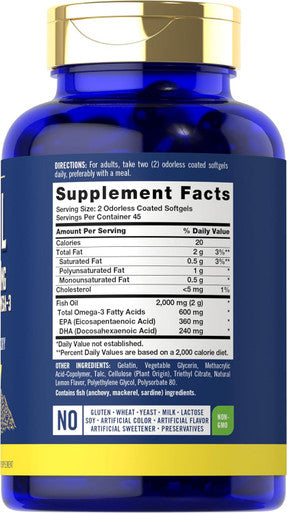 Carlyle Fish Oil 2000mg | 600mg Omega 3 with EPA & DHA | 90 Odorless Softgels | Lemon Flavored Supplement | Non-GMO & Gluten Pills