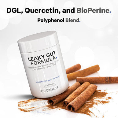 Codeage Leaky Gut Supplement L-Glutamine N-Acetylglucosamine Probiotic Butyric Acid Polyphenols Quercetin DGL Marshmallow Root Berberine BioPerine Cinnamon Vegan Non-GMO 60 Capsules