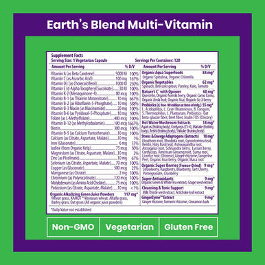 Paradise Herbs Earth's BlendAÃƒâ€šÃ‚Â® Organic Superfood Multivitaman with Iron Antioxidants Probiotics Adaptogens Vitamins A, B, C, D, K2 120 Vegetarian Capsules